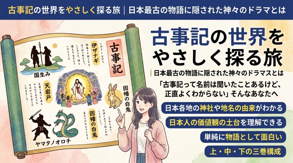 「古事記の世界をやさしく探る旅」のイメージ(AI生成イラスト)
